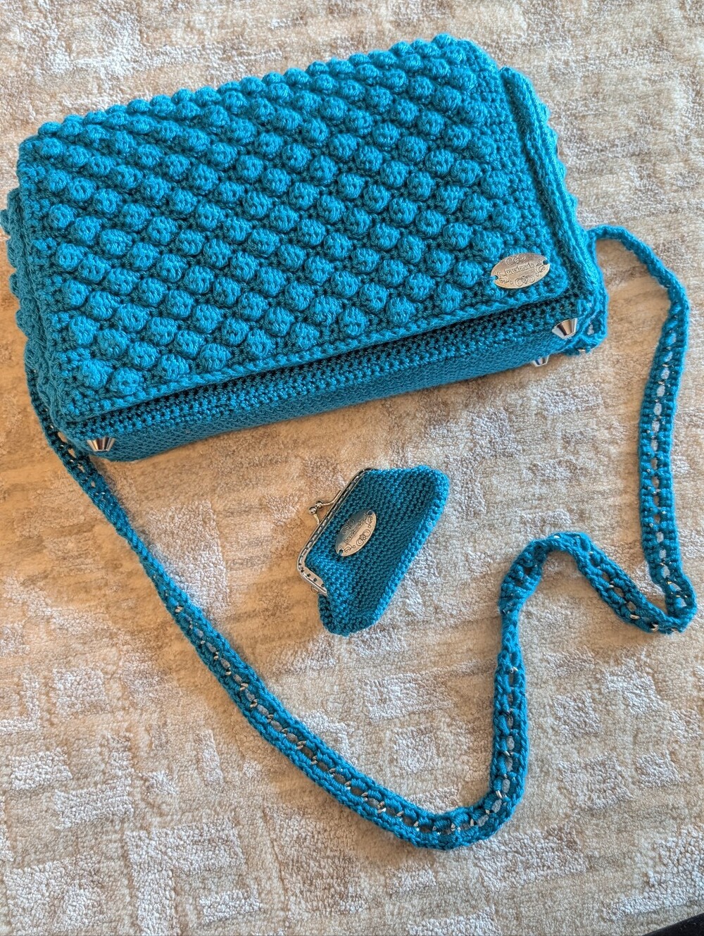 Hand-Crocheted Teal Crossbody Bag with Chain Strap